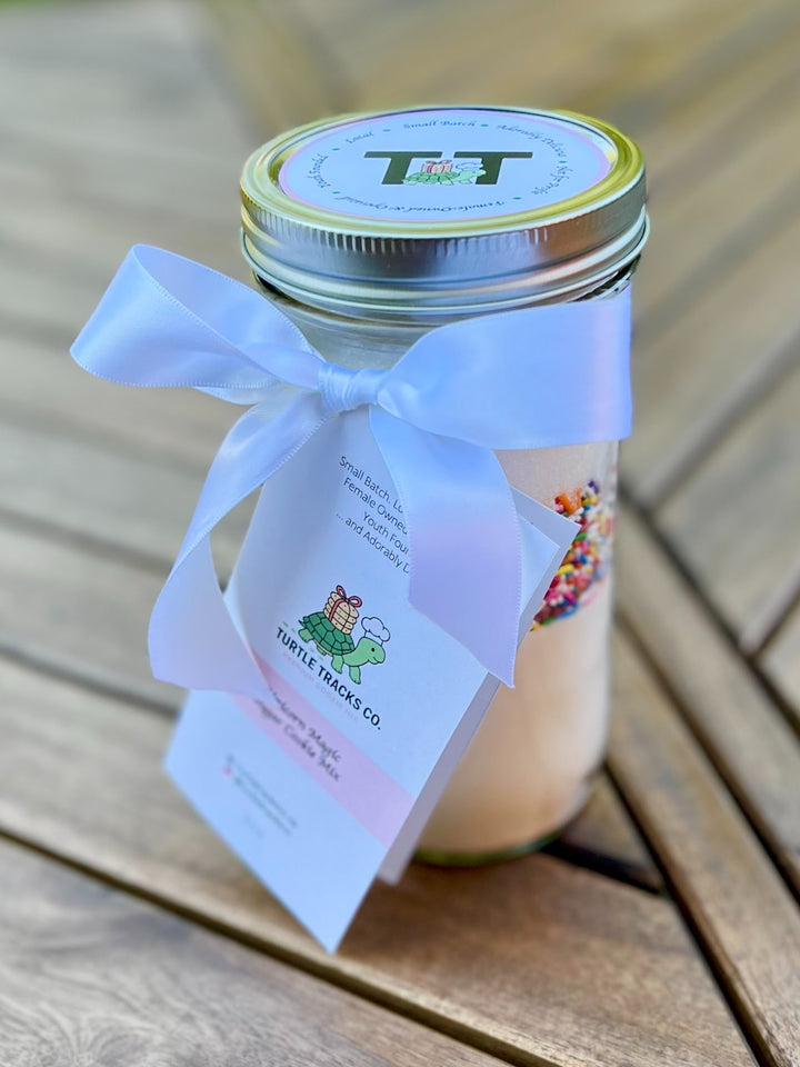 A jar of Unicorn Magic Cookie Mix by Turtle Tracks.
